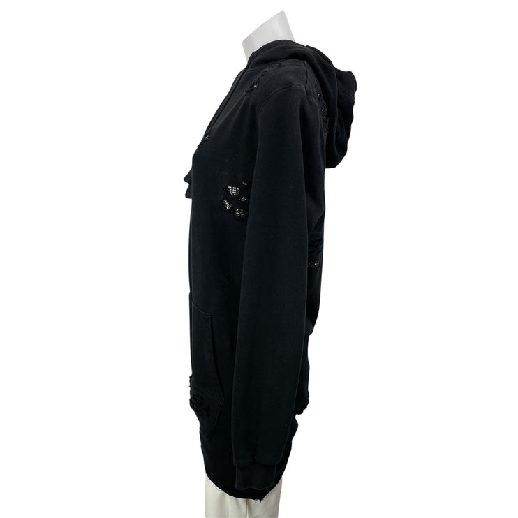Women's Black Long Sleeves Distressed Cutout Pullover Hoodie Hooded Sweatshirt S