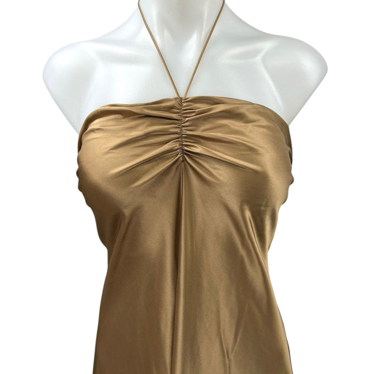 NEW Reformation Valora Gold Silk Satin Halter Tie Midi Maxi Cami Slip Dress 10