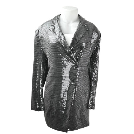 PrettyLittleThing Silver Metallic Sequin Long Sleeve Tuxedo Blazer Mini Dress 16
