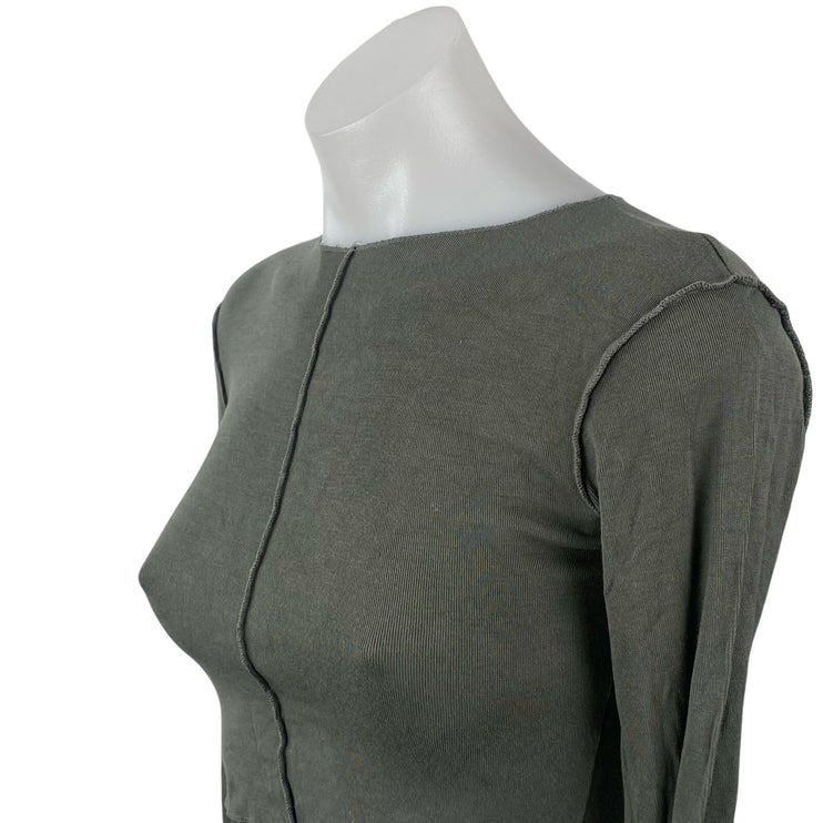 Zara Women's Green Expose Seam Crew Neck Long Sleeve Slim Crop T-Shirt Top Sz S