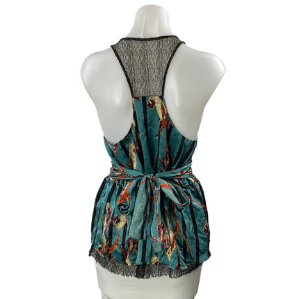 HYPE Teal Stripe Sleeveless Racerback Mesh Tie Waist Peplum Blouse Top Size M