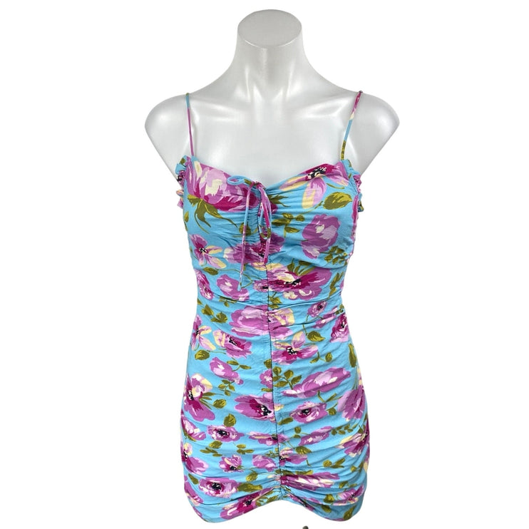 Zara Blue Pink Floral Sleeveless Ruched Cami Camisole Tank Mini Bodycon Dress XS