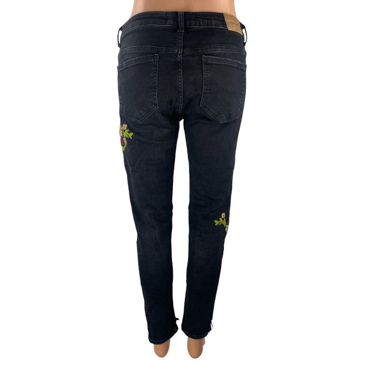Zara Women's Black Floral Patch Embroidered Mid Rise Skinny Denim Jeans Size 8