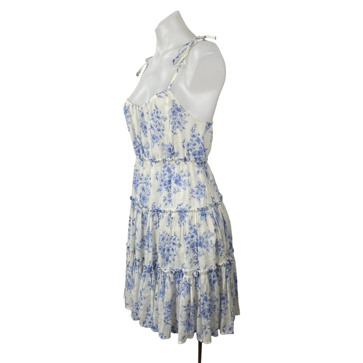 Mine Women's White Blue Floral Tiered Sleeveless Mini Tank Flare A-Line Dress S