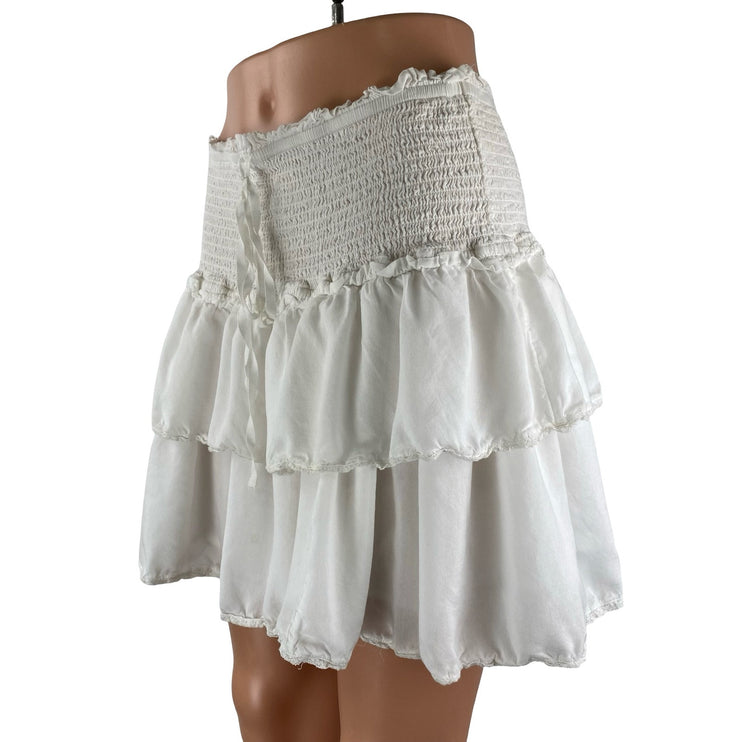 Aritzia Wilfred Women's White Smocked Tiered Ruffle Mini Flare A-Line Skirt Sz L