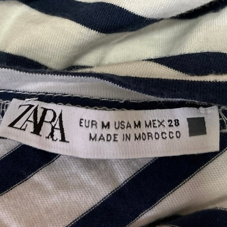 Zara Blue White Striped Print Crewneck Bow Tie Casual Crop T-Shirt Top Tee Sz M