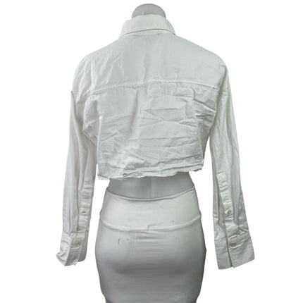 Zara Women White Long Sleeve Utility Pocket Cropped Button Down Shirt Top Size S