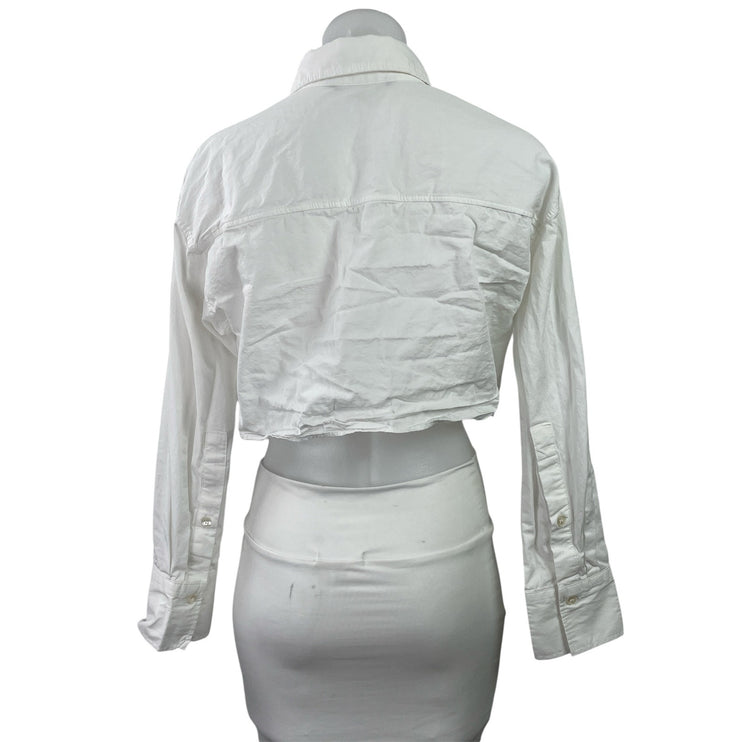 Zara Women White Long Sleeve Utility Pocket Cropped Button Down Shirt Top Size S