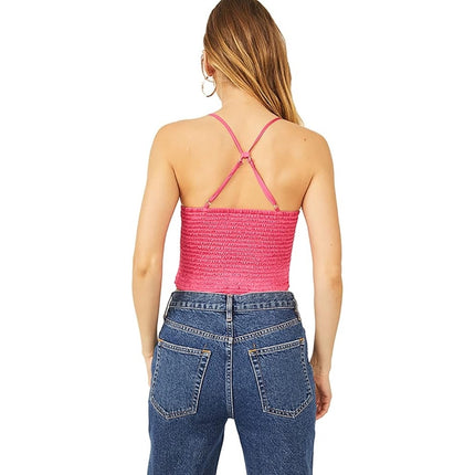 Free People Right On Time Pink Sleeveless Smocked Cami Camisole Crop Tank Top M