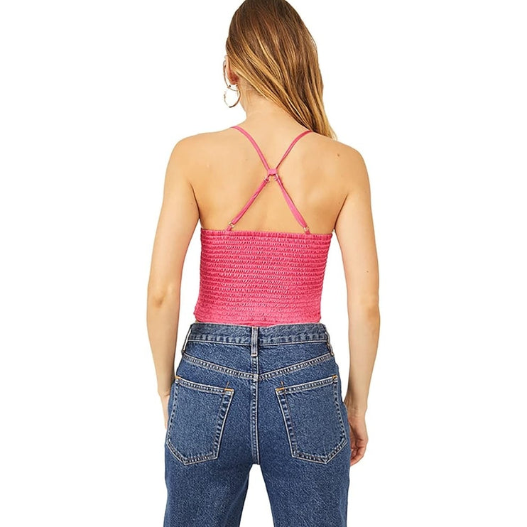 Free People Right On Time Pink Sleeveless Smocked Cami Camisole Crop Tank Top M