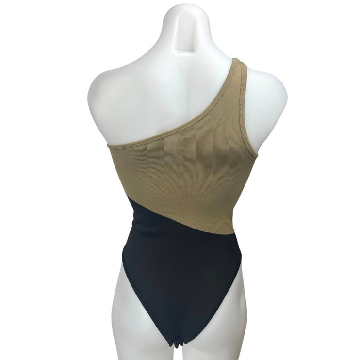 Aura Tan Black Sleeveless One Shoulder Rib Beaded Camisole Bodysuit Tank Top S/M