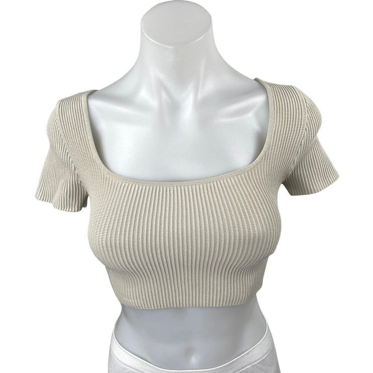 Aritzia Babaton Gray Short Sleeve Ribbed Knit Sculpt Square Neck Crop Top Sz XS