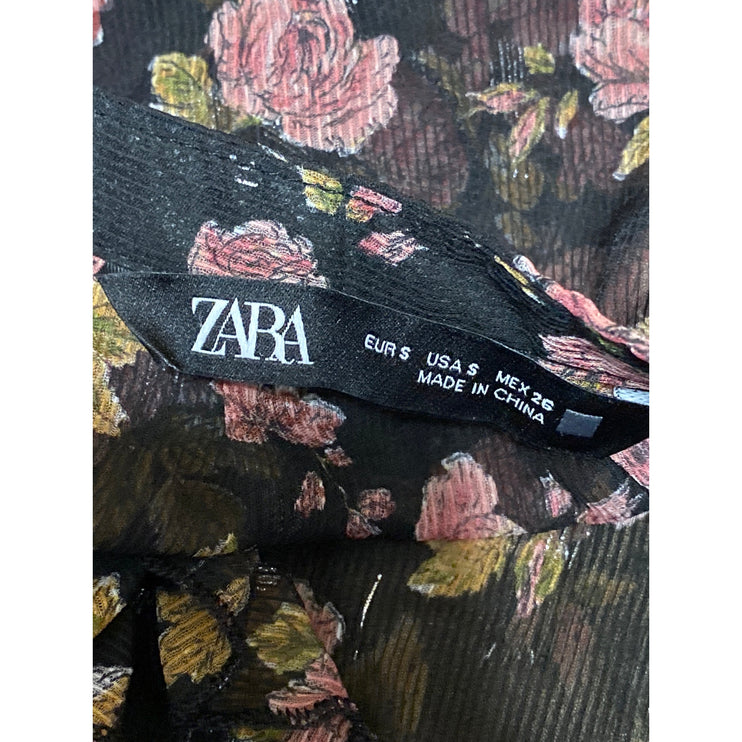 Zara Women's Floral Sheer Mesh Long Sleeve Ruffle V Neck Shirt Blouse Top Size S