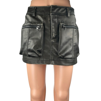 Zara Women's Black Faux Vegan Leather High Waist Pockets Mini Cargo Skirt Sz XS