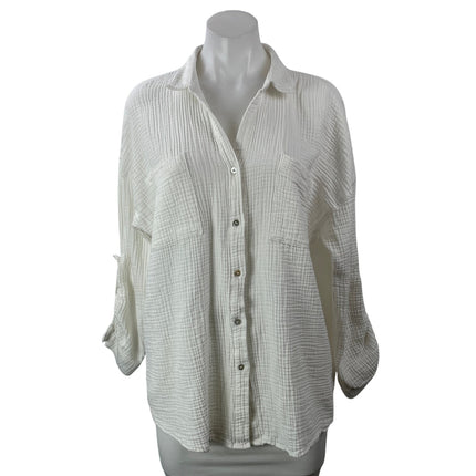 Magaschoni Women's White Gauze Pocket Long Sleeve Button Down Shirt Top Size L