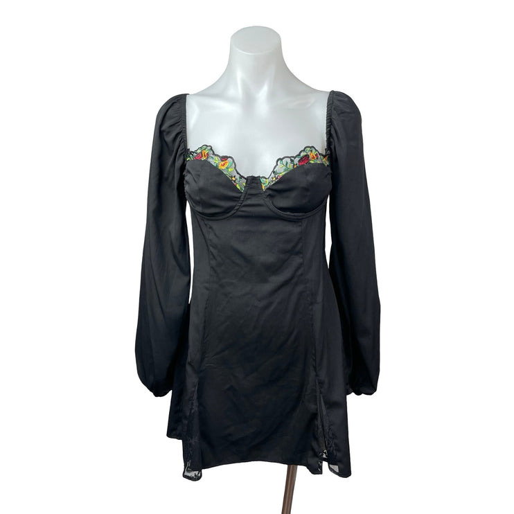 Princess Polly Black Long Sleeve Floral Lace Bustier Mini A Line Dress Size 8