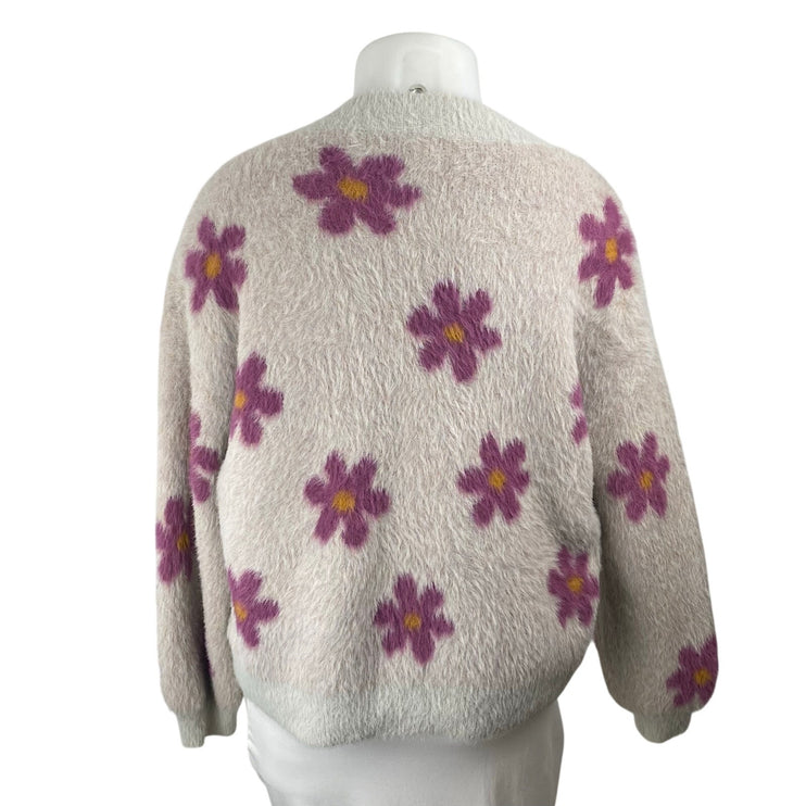 Listicle Women's Beige Floral Fleece V Neck Knit Long Sleeve Sweater Top Size M