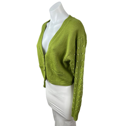 Rene Derhy Green Beaded Pearl Cable Knit Button Up Crop Cardigan Sweater Size M