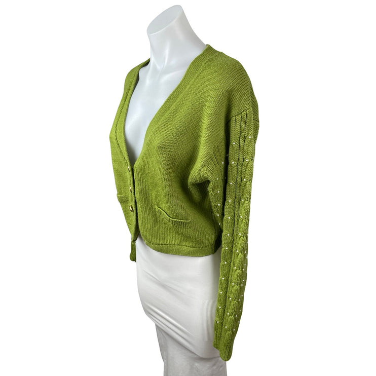 Rene Derhy Green Beaded Pearl Cable Knit Button Up Crop Cardigan Sweater Size M