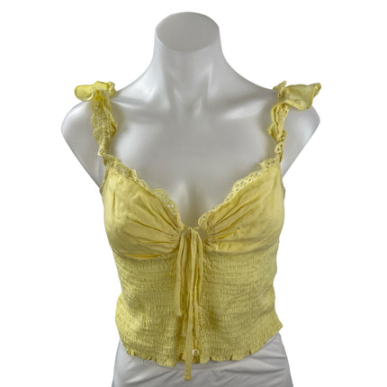 Princess Polly Yellow Embroidered Eyelet Ruffle Tie Smocked Tank Crop Top Sz 4