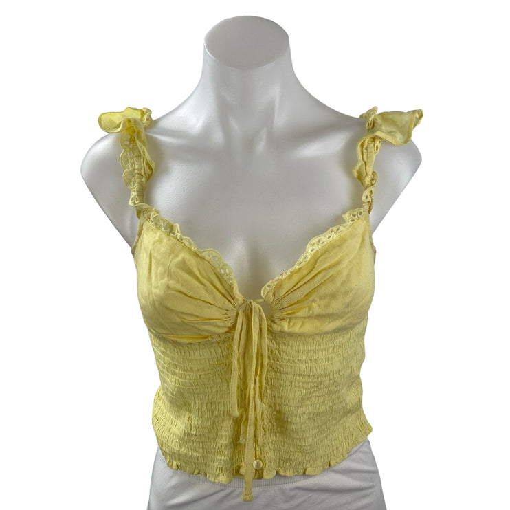 Princess Polly Yellow Embroidered Eyelet Ruffle Tie Smocked Tank Crop Top Sz 4