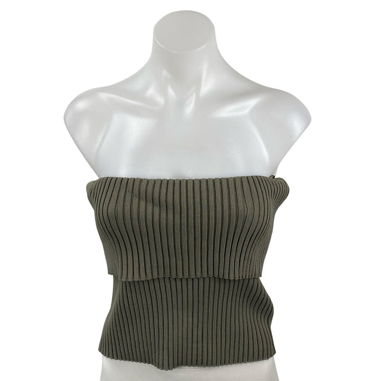 Zara Women's Green Ribbed Knit Sleeveless Strapless Tube Bandeau Slim Crop Top L