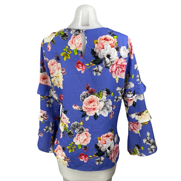 Modalinda Women's Blue Floral Long Tiered Bell Sleeve Shirt Blouse Top Size 8