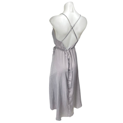 Lush Gray Satin Faux Wrap Sleeveless V-neck Cami Camisole Midi A-Line Dress Sz M