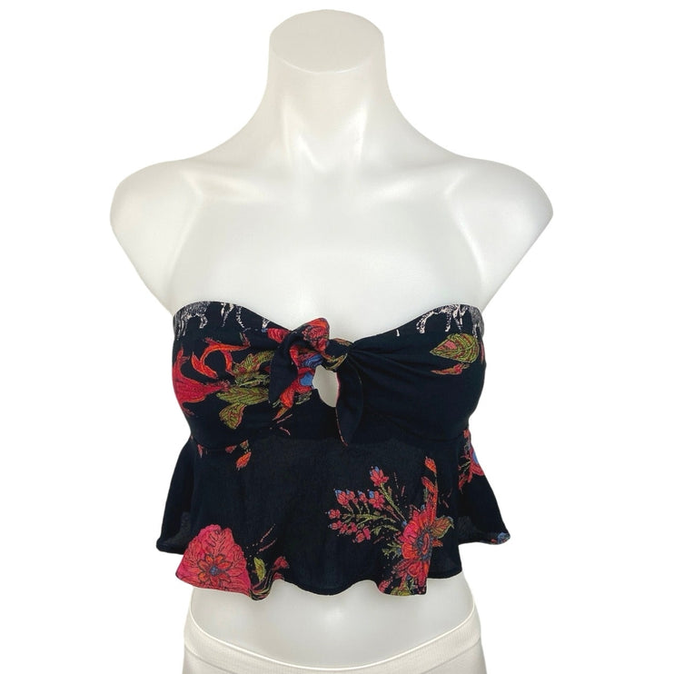 Free People Black Floral Print Bow Front Keyhole Strapless Peplum Crop Top Sz 0