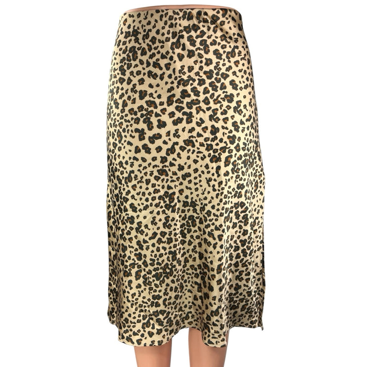 Abercrombie & Fitch Beige Black Silk Satin Leopard Slit Slip Midi Skirt Size XS