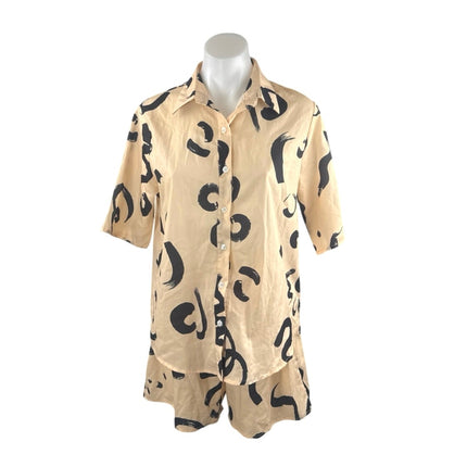 Isalis Women's Brush Stroke Graffiti Button Up Shirt Wide Leg Short Casual Set S