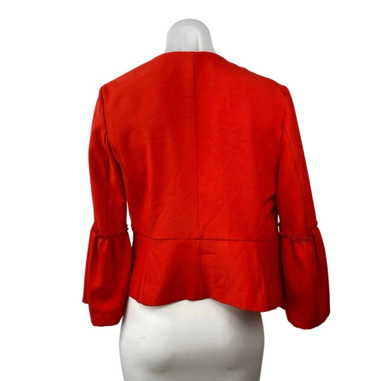 Zara Women's Red Open Front Ruffle Long Bell Sleeve Blazer Coat Jacket Size S