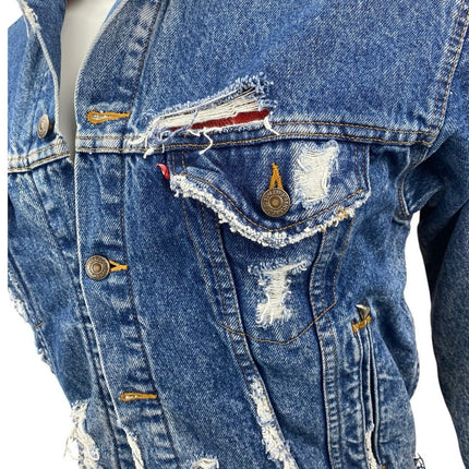 Levi's Men's Blue Distressed Long Sleeve Graphic Denim Jeans Coat Jacket Size XS