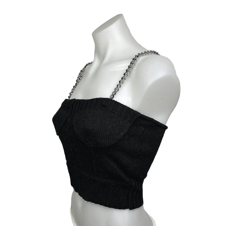 Zara Black Metal Chain Strap Ribbed Knit Corset Brami Cropped Sweater Top Size S