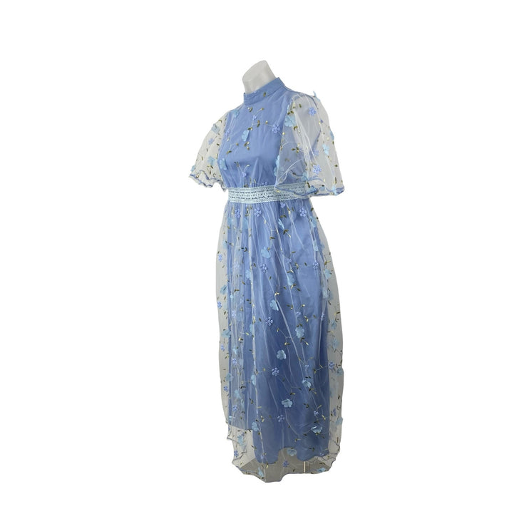 Women's Blue Floral Embroidered Short Sleeve Mesh Sheer A Line Maxi Dress Size S