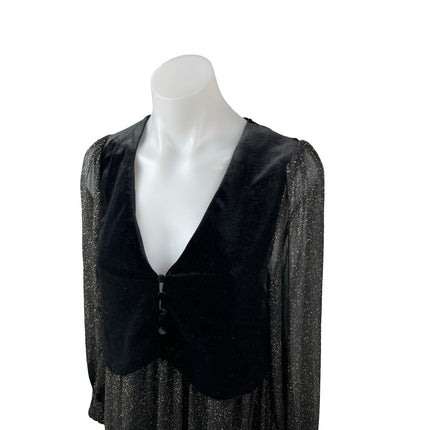 Zara Black Velvet Velour Mesh Sheer Glitter Long Sleeve A Line Mini Dress Sz XS
