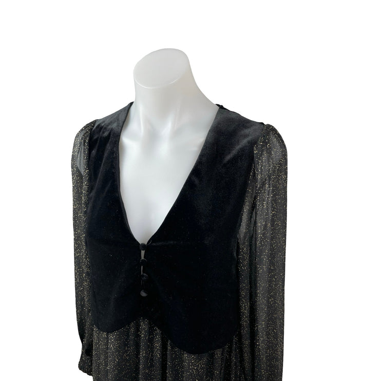 Zara Black Velvet Velour Mesh Sheer Glitter Long Sleeve A Line Mini Dress Sz XS