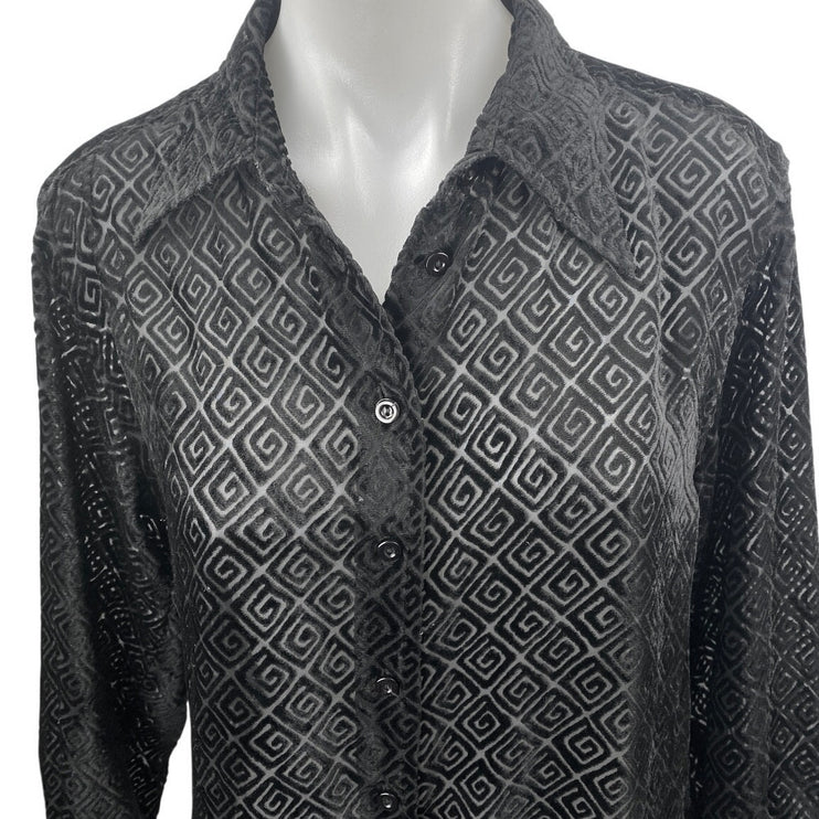Guess Jeans Black Long Sleeve Semi Sheer Geometric Button Up Shirt Top Size M