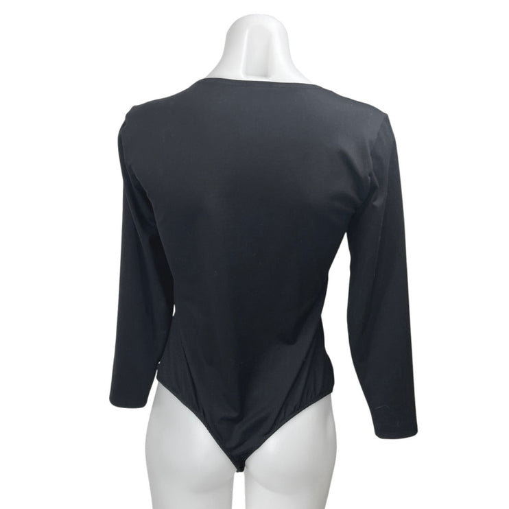 Free People Black Long Sleeve Square Neck Thong One Piece Bodysuit Top Size L