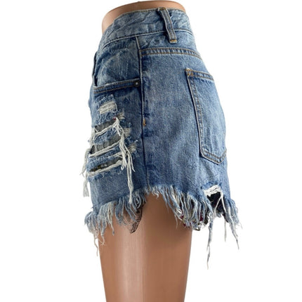 Free People We The Free Blue Distressed Cut Off High Rise Denim Jean Shorts 29