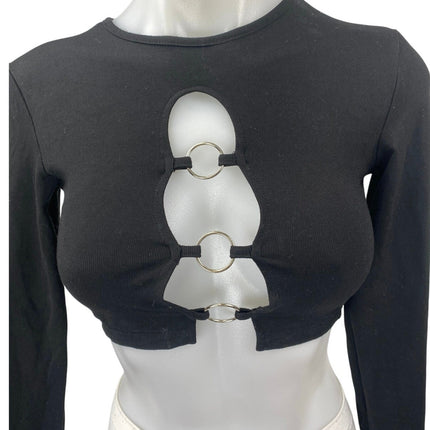 Edikted Women's Black Cutout Crewneck Long Sleeve Knit Crop Sweater Top Size XS
