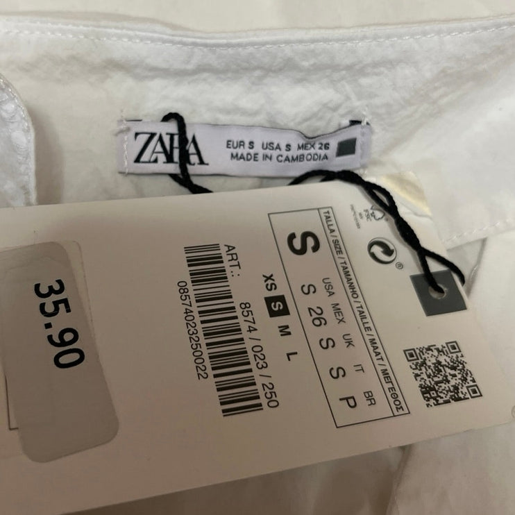 NEW Zara White Short Sleeve V Neck button Front Shirt Blouse Crop top Size S