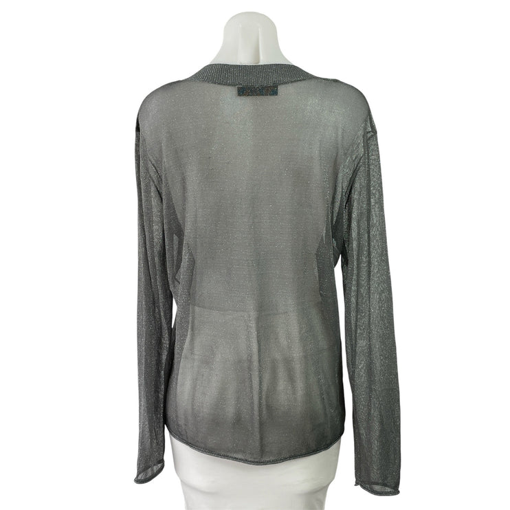 Zara Women's Dark Gray Mesh Sheer Glitter Sparkly V Neck Long Sleeve Knit Top S