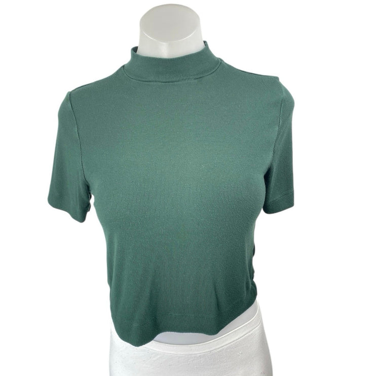 Aritzia Babaton Green Short Sleeve Ribbed Knit Mock Neck Sweater Crop Top Size M