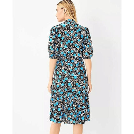 Ann Taylor Black Blue Floral Print Blouson Mock Neck Puff Sleeve Midi Dress Sz 6