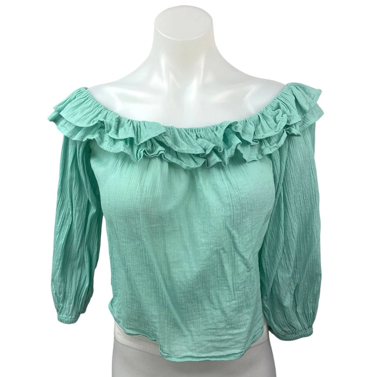 Zara Green Ruffle Tiered Off The Shoulder 3/4 Sleeve Crop Blouse Top Size S