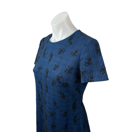 Calvin Klein Blue Black Plaid Floral Embroidered Short Sleeve Sheath Dress S/M