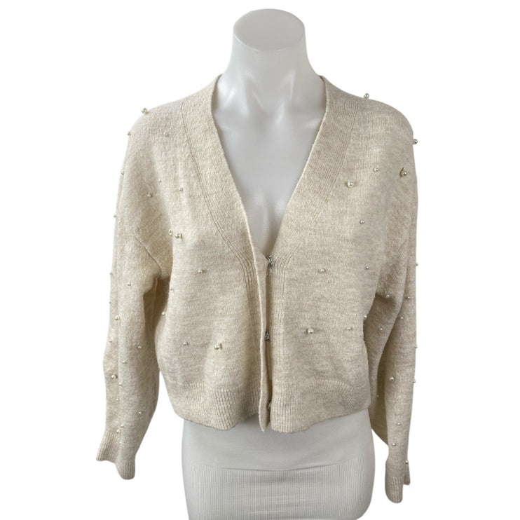 H&M Women's Cream Wool Pearl Beaded V Neck Long Sleeve Cardigan Sweater Top Sz S