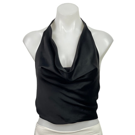 Zara Black Silk Satin Halter Cowl Neck Tie Open Back Backless Crop Top Size M