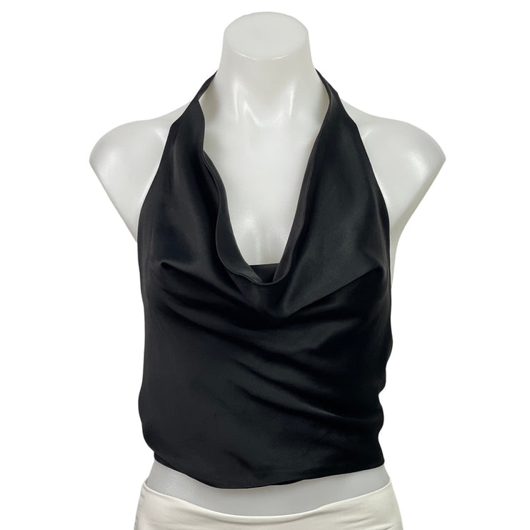 Zara Black Silk Satin Halter Cowl Neck Tie Open Back Backless Crop Top Size M